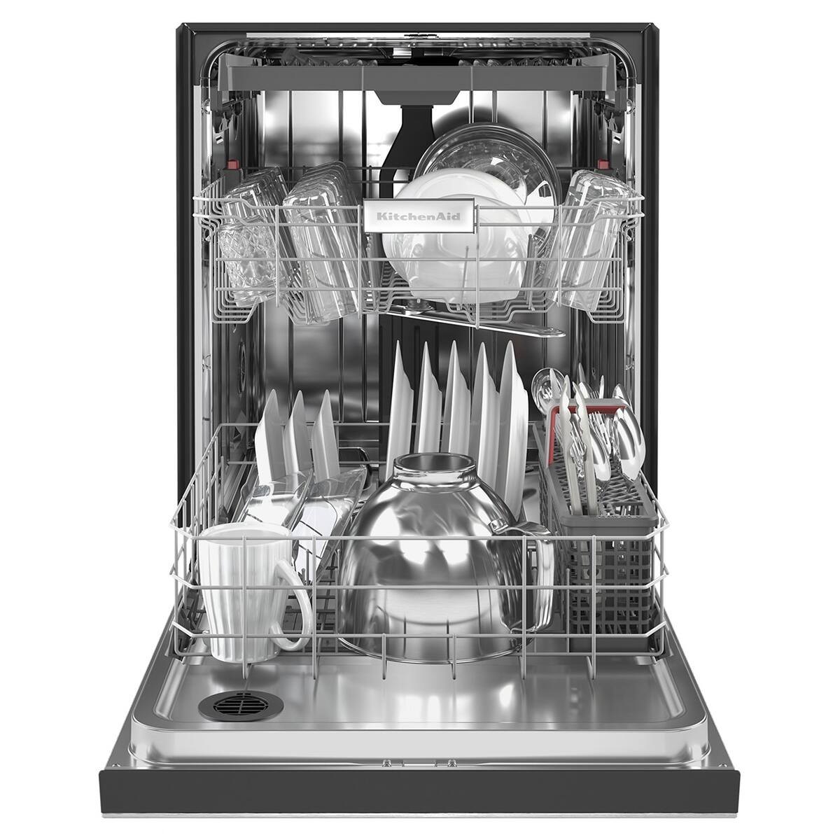 Angle. KitchenAid - 24" Front Control Built-In Dishwasher with Stainless Steel Tub, ProWash Cycle, 3rd Rack, 39 dBA - Stainless Steel with PrintShield Finish.