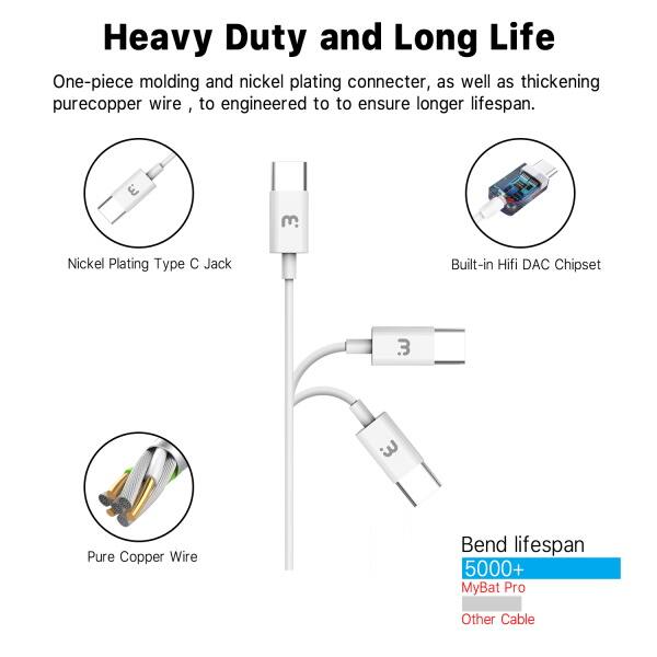 Heavy Duty and Long Life

One-piece molding and nickel plating connector, as well as thickening pure copper wire, to engineered to ensure longer lifespan.

3 Nickel Plating Type C Jack

Built-in Hifi DAC Chipset

3 Pure Copper Wire

Bend lifespan 5000+ MyBat Pro Other Cable