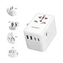TESSAN - GaN 65W Universal Travel Plug Adaptor with 3 USB-C Fast Charging & 2 USB-A for Euro USA UK Australia - White