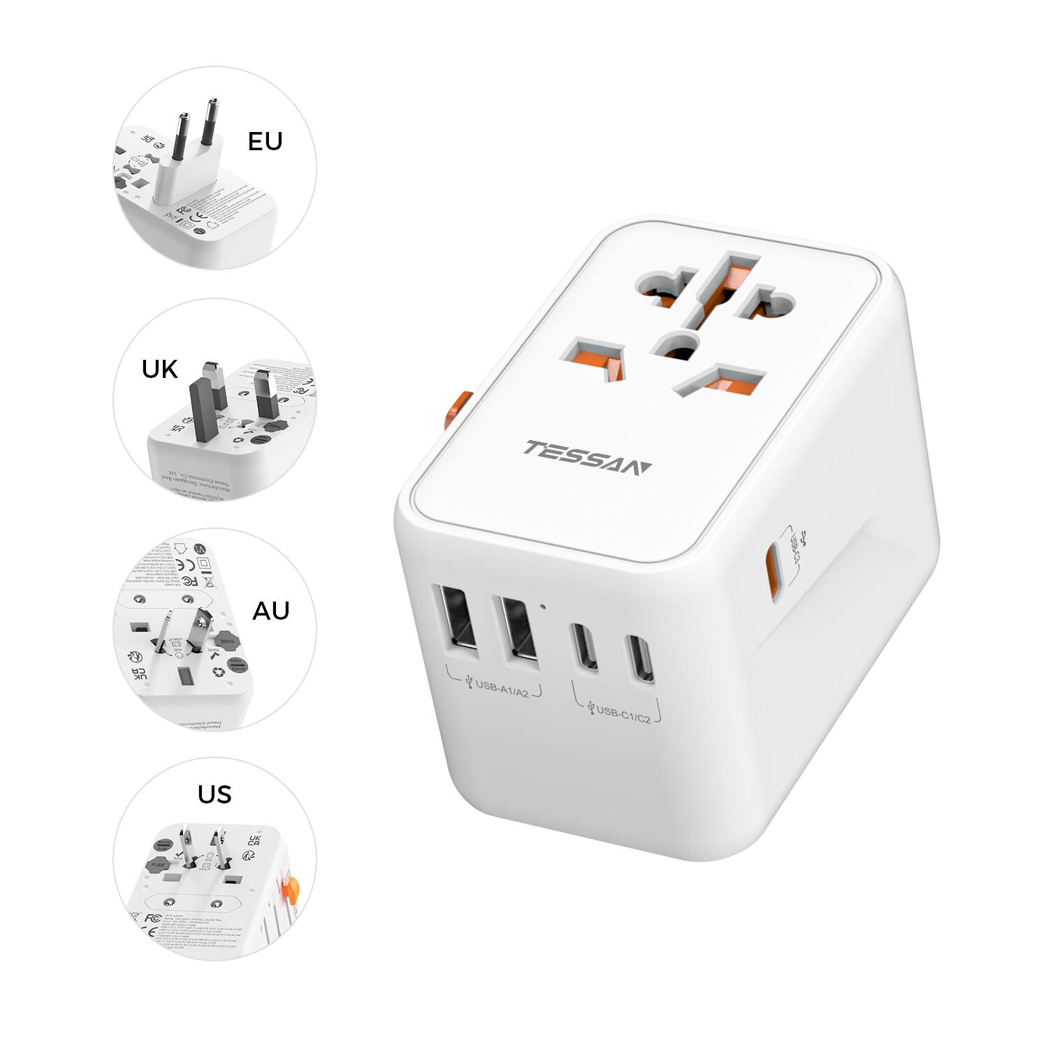 TESSAN - GaN 65W Universal Travel Plug Adaptor with 3 USB-C Fast Charging & 2 USB-A for Euro USA UK Australia - White