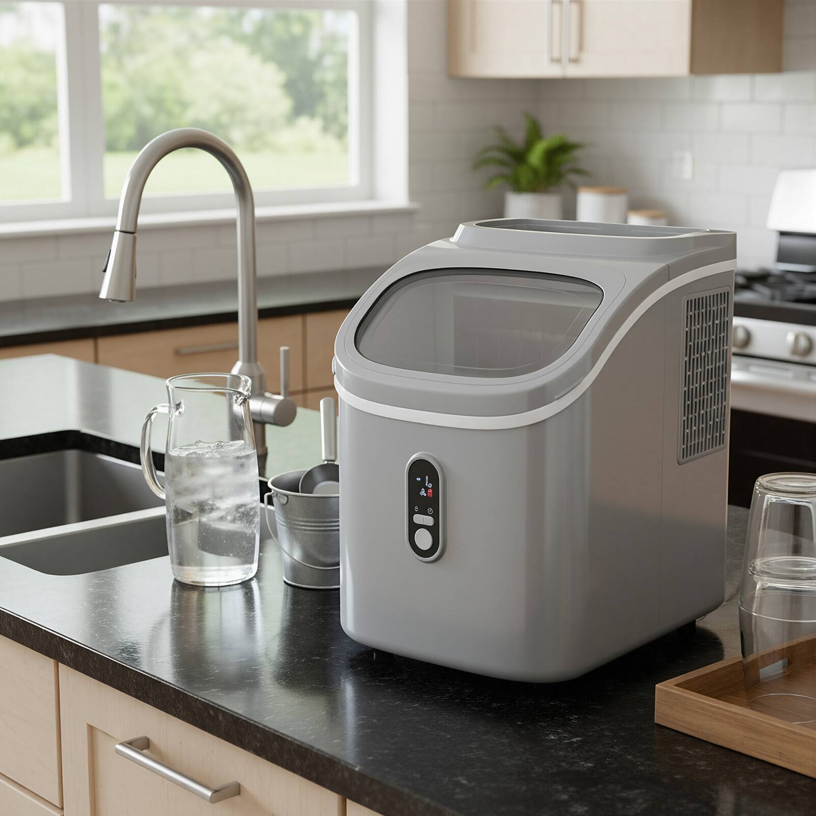 Angle. LHRIVER - 28lbs/Day Ice Maker Countertop, 1.5+0.5L Large Water Tank, Cube Ice, Self-Cleaning, Timer, Customizable Ice Making Time - Grey.