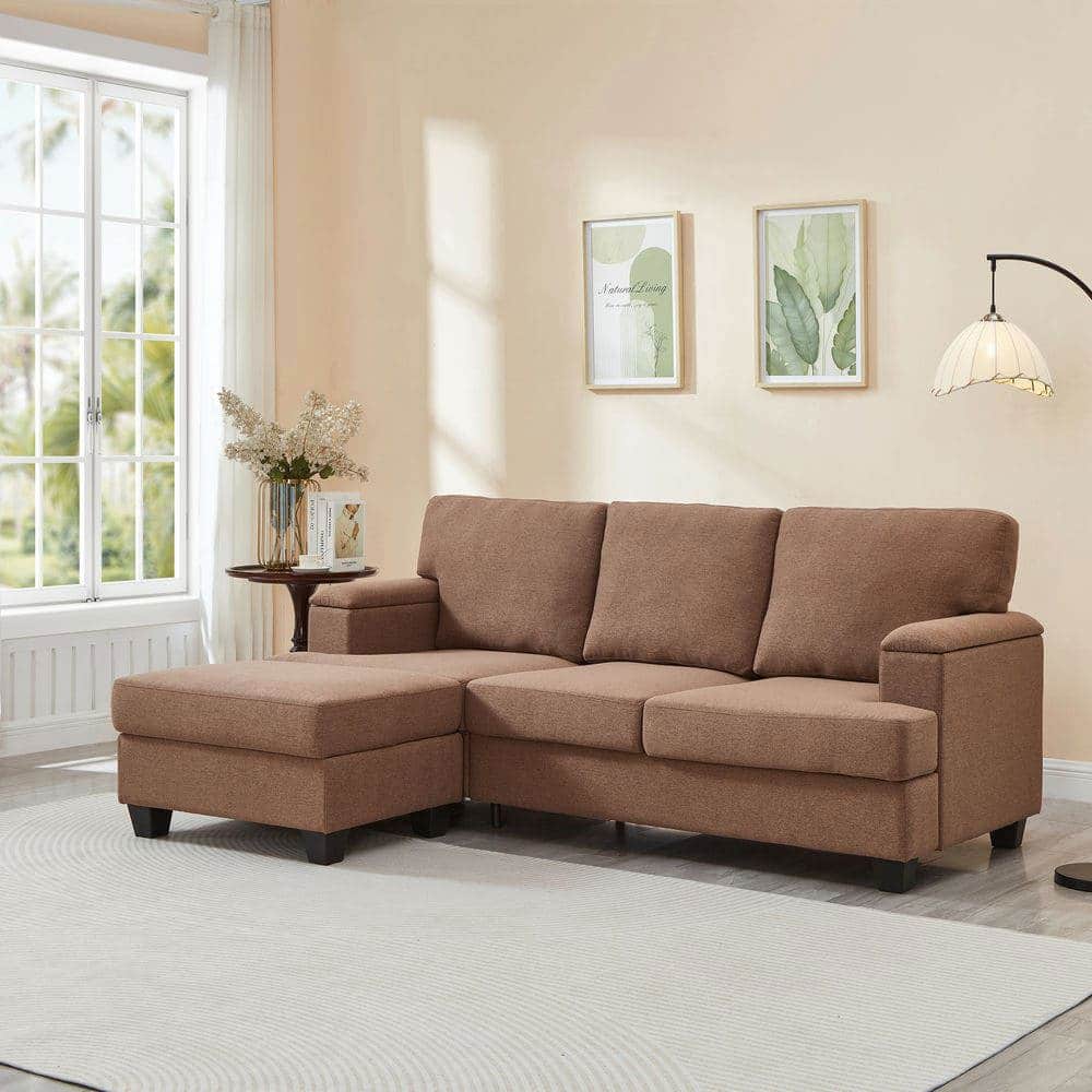 Resenkos - 86" L-Shaped Sectional with Ottoman, 3-Seat Linen Couch with Armrest Organizer, Brown - Brown