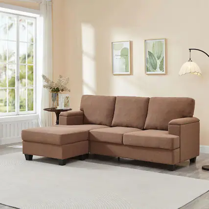 Front. Kadyn - 86" L-Shaped Sectional with Ottoman, 3-Seat Linen Couch with Armrest Organizer, Brown - Brown.