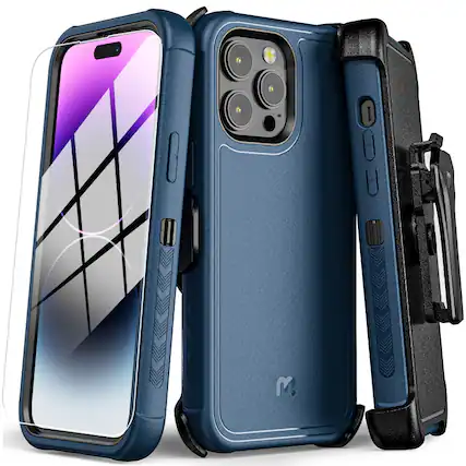 Front. Mybat Pro - MyBat Pro Maverick Series Case with Holster and Tempered Glass for Apple iPhone 14 Pro (6.1) - Blue - Blue.
