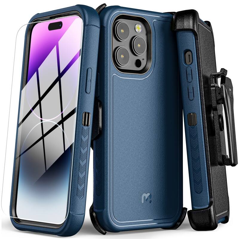 Front. Mybat Pro - MyBat Pro Maverick Series Case with Holster and Tempered Glass for Apple iPhone 14 Pro (6.1) - Blue - Blue.