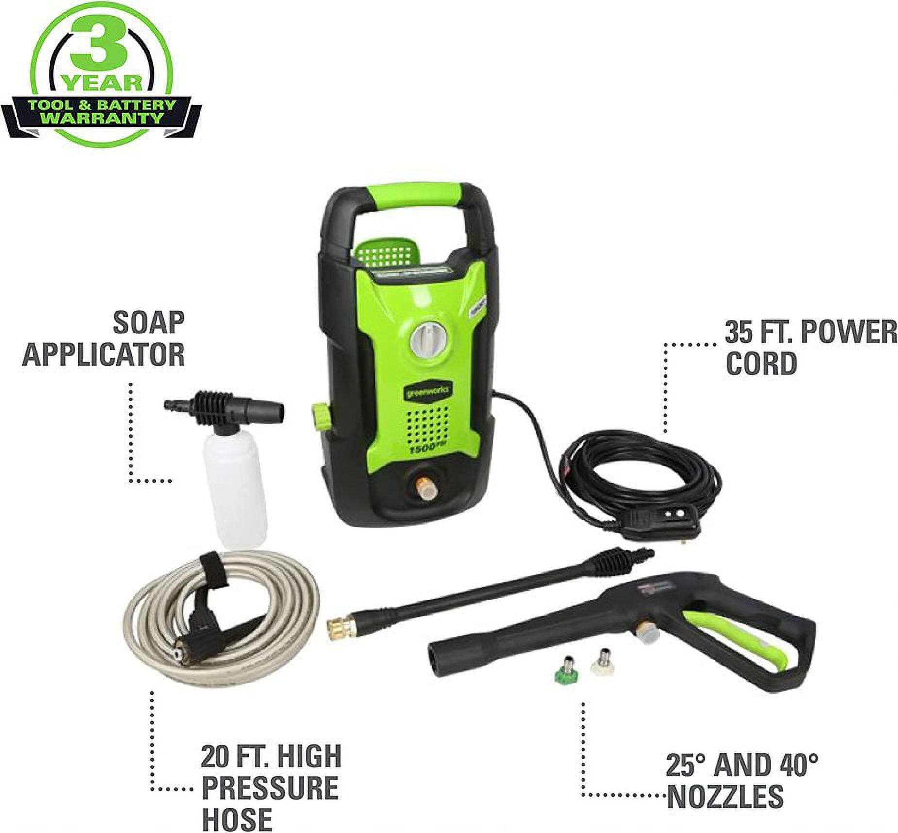 3 YEAR TOOL & BATTERY WARRANTY  
SOAP APPLICATOR  
35 FT. POWER CORD  
20 FT. HIGH PRESSURE HOSE  
25° AND 40° NOZZLES