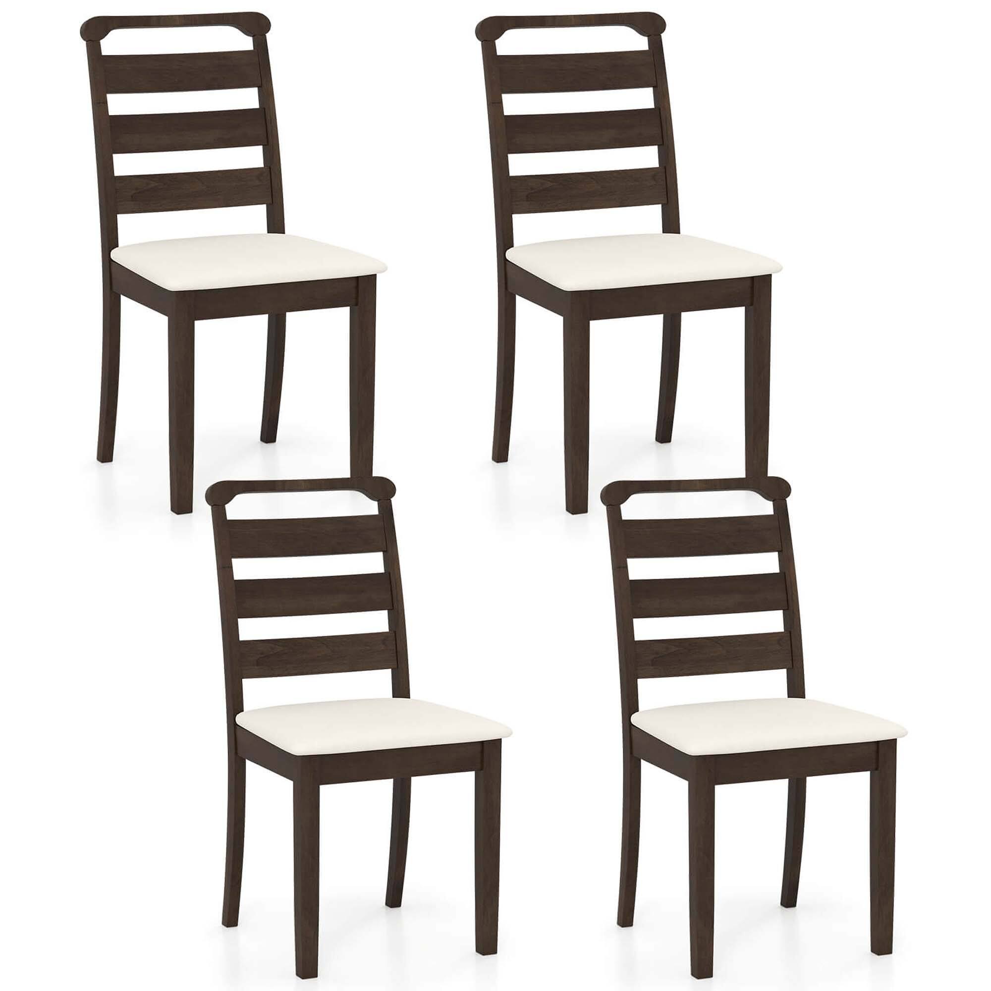 Costway - Modern Dining Chair Set of 4 Upholstered Farmhouse Chairs with Rubber Wood Frame - Brown + White