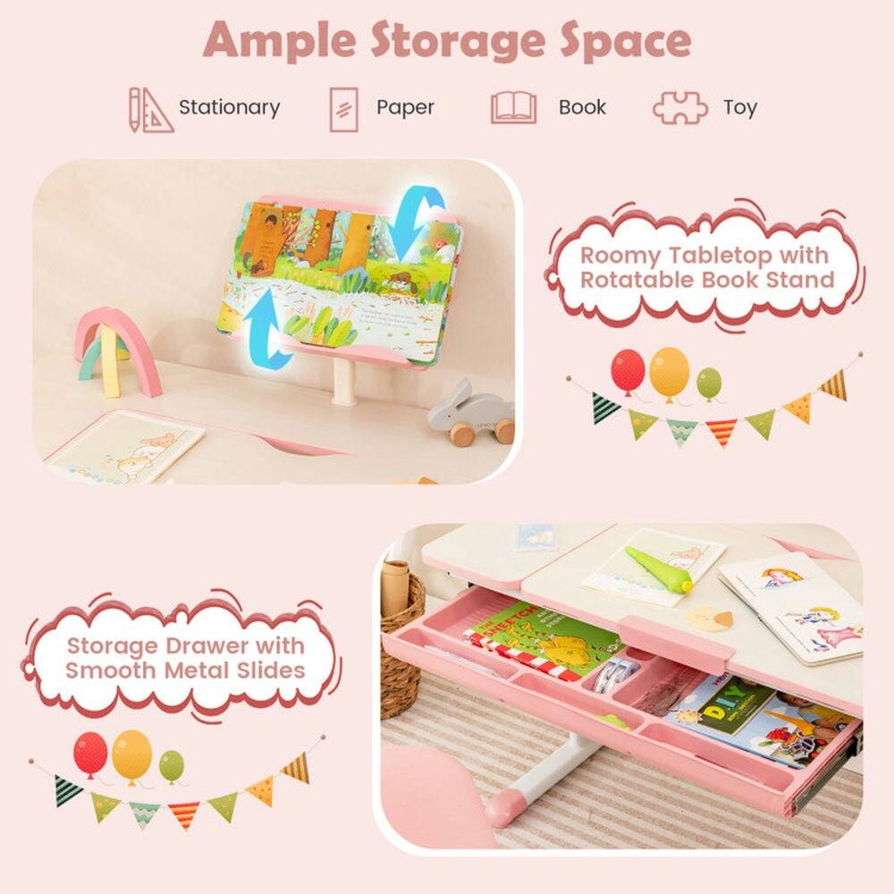 Ample Storage Space  
Stationary Paper Book Toy Roomy Tabletop with Rotatable Book Stand Storage Drawer with Smooth Metal Slides