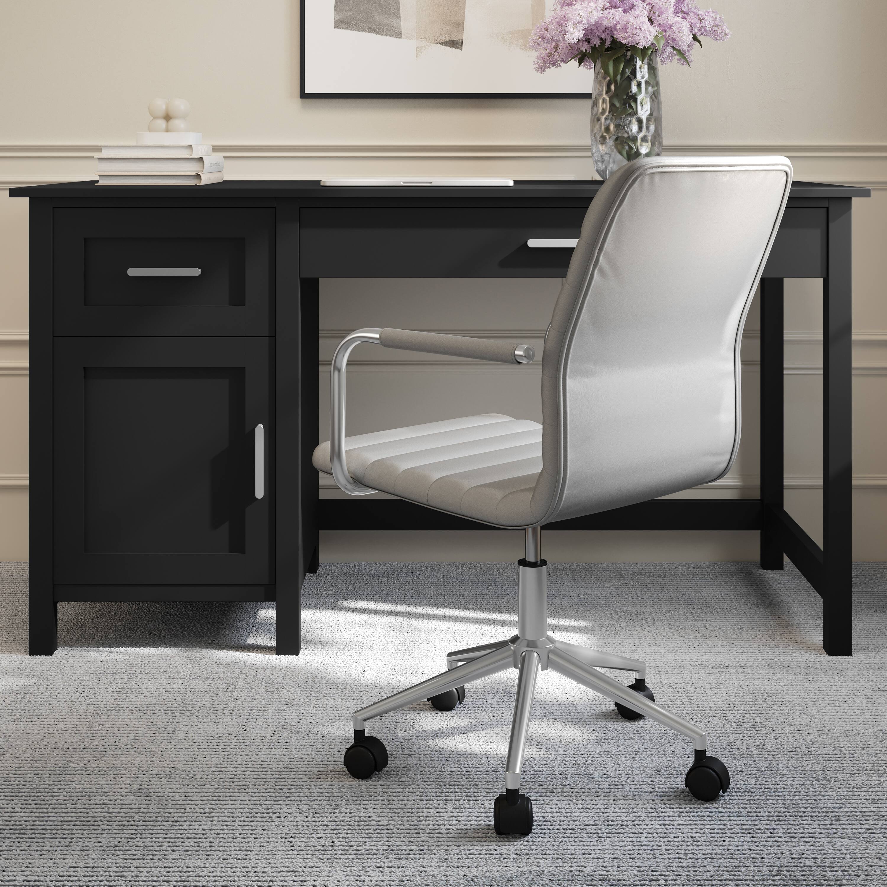 Alt View 4. Martha Stewart - Taytum Upholstered Swivel Home Office Chair with Integrated Armrests - Gray Faux Leather/Polished Nickel Frame.