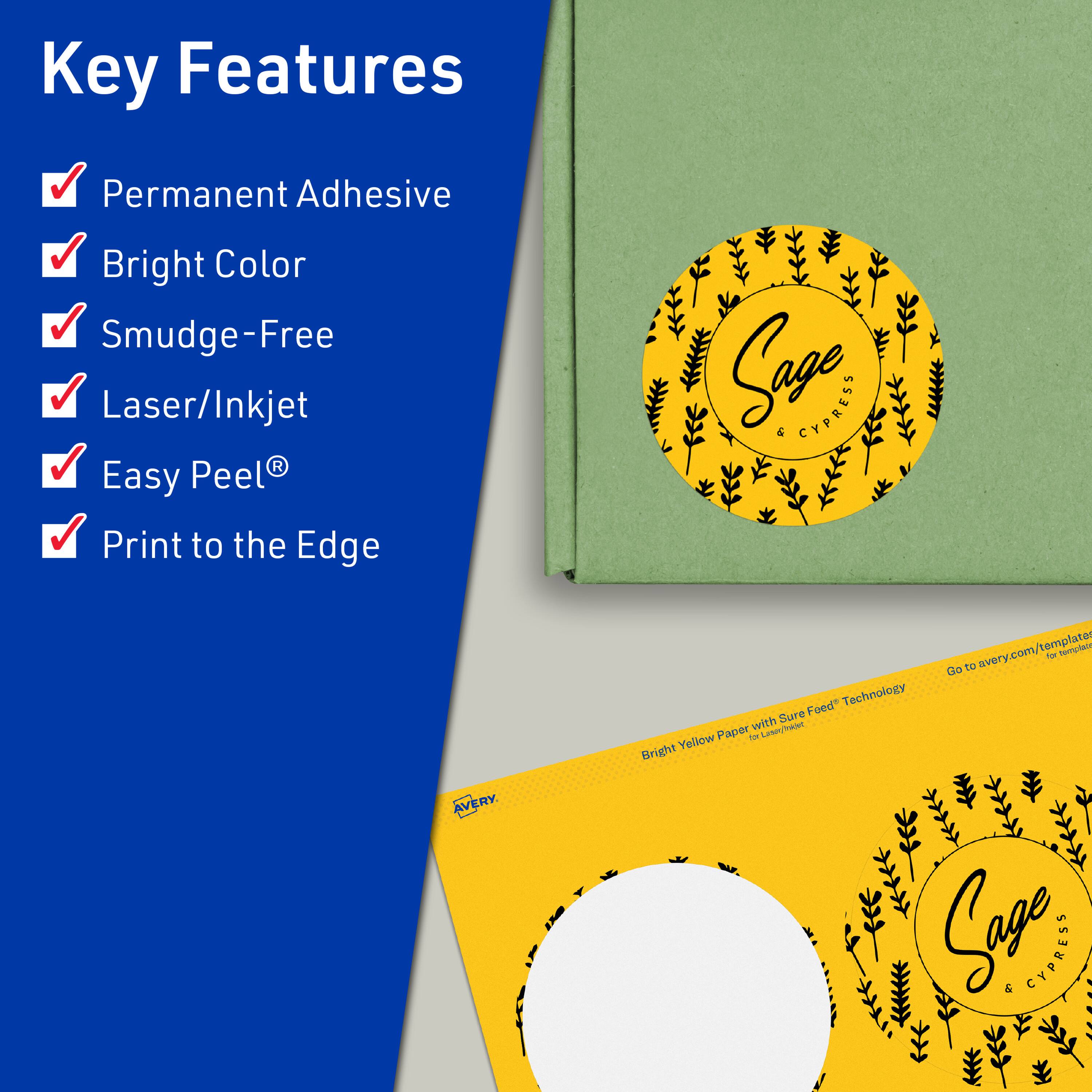 Key Features  
- Permanent Adhesive  
- Bright Color  
- Smudge-Free  
- Laser/Inkjet  
- Easy Peel®  
- Print to the Edge  

Sage & Cypress  

Avery  
avery.com/templates  

Bright Yellow Paper with Sure Feed™ Technology for Laser/Inkjet  

Go to avery.com/templates for templates