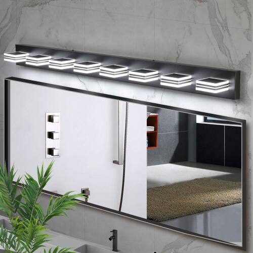 Angle. LUCKY ONE - 52in Wall Mount LED Vanity Light, 8-Light Black Bathroom Fixture with Acrylic Shades, Dimmable - Black.