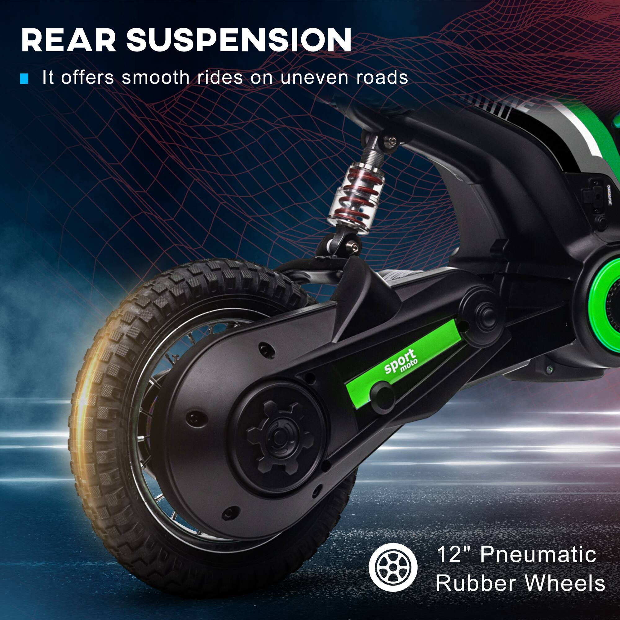 REAR SUSPENSION  
It offers smooth rides on uneven roads  

12" Pneumatic Rubber Wheels