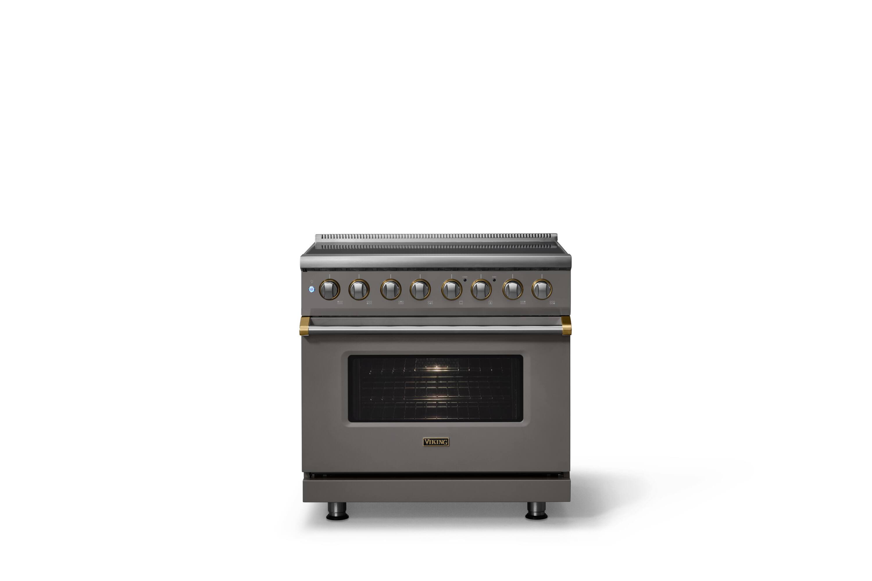 Alt View 1. Viking - 36 in. Wide 6 Elements Pro 5 Series 5.6 Cu.Ft. Freestanding Induction Convection Range with Brushed Brass Trim - Damascus Gray.