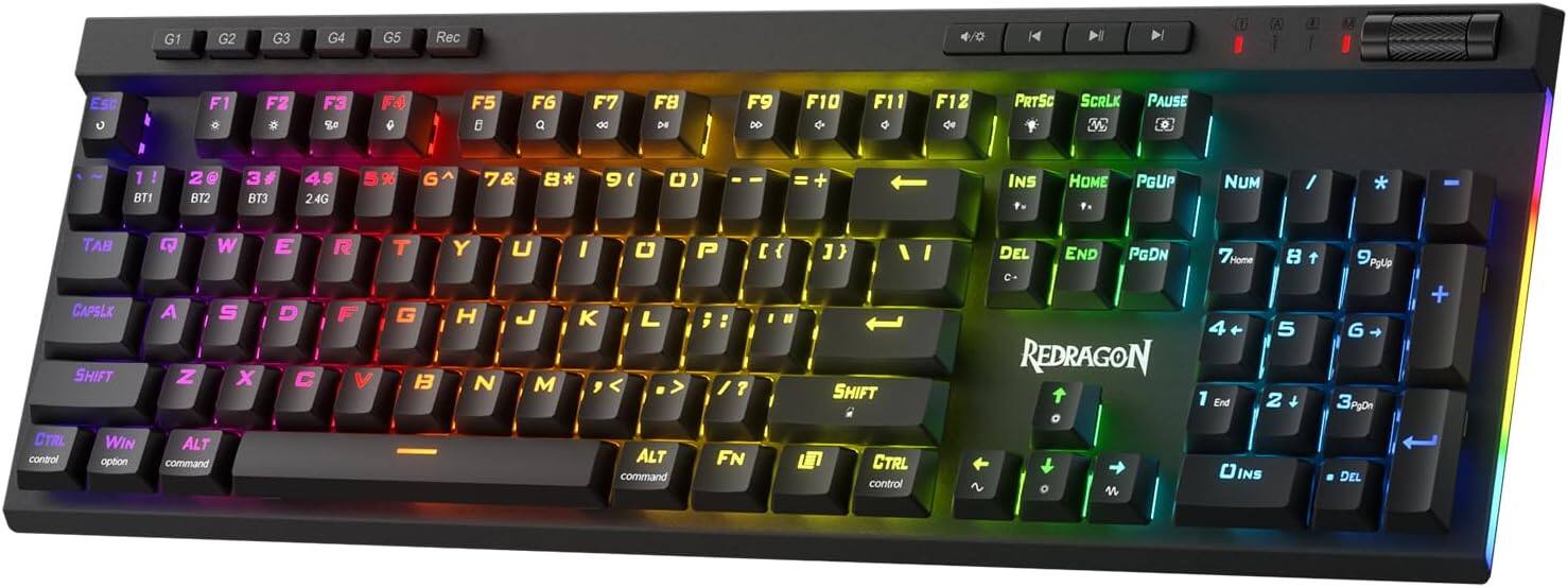 REDRAGON - K580 PRO Wireless RGB Gaming Keyboard, Macro G Keys & Media Wheel - Black
