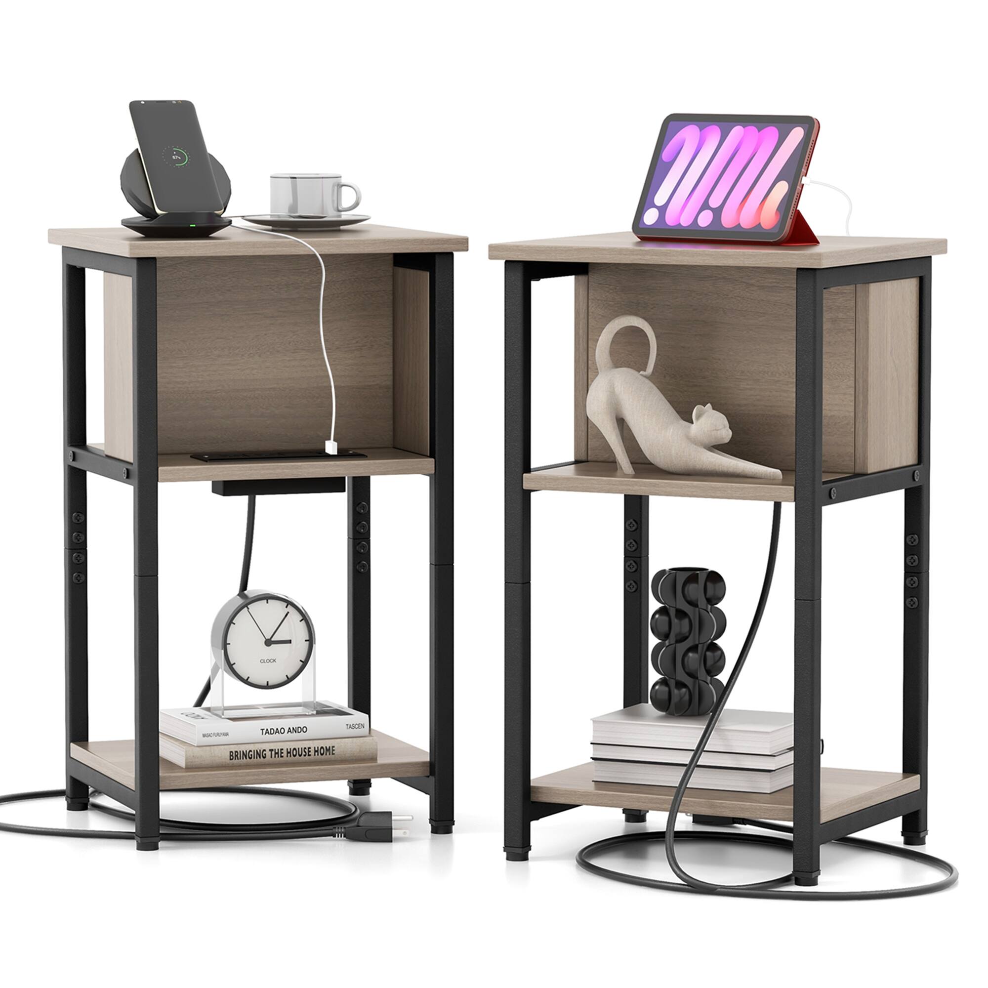 Costway - 2 PCS Nightstand 3-Tier End Table with Charging Station USB Ports & Power Outlets - Grey + Black