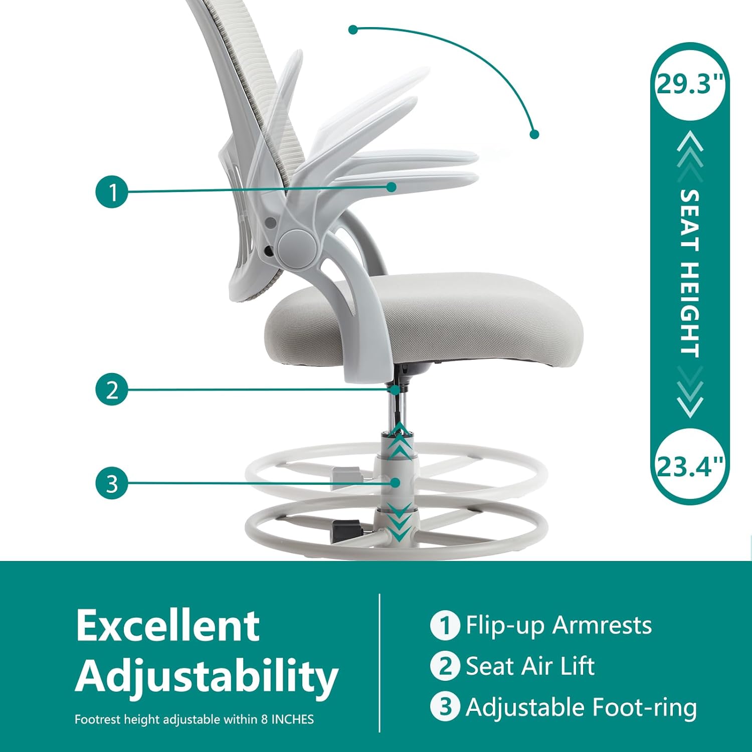 29.3" 1 SEAT HEIGHT 23.4" Excellent Adjustability Footrest height adjustable within 8 INCHES 1 Flip-up Armrests 2 Seat Air Lift 3 Adjustable Foot-ring