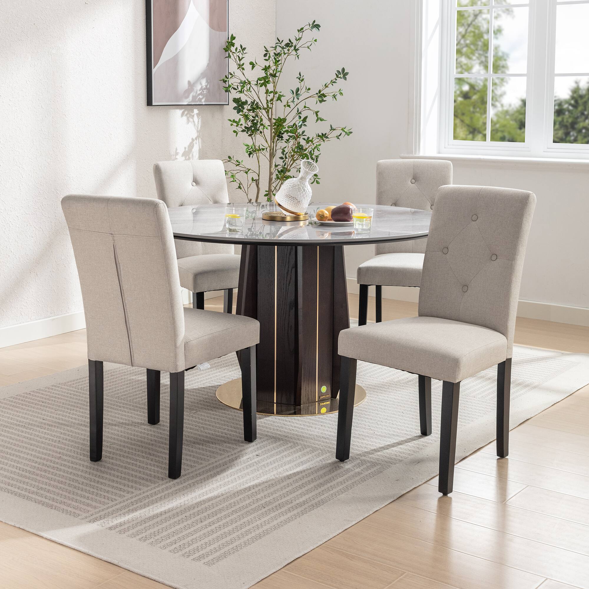 Alt View 5. Vecelo - Set of 4 Linen Dining Chairs  Upholstered Chairs- Ergonomic High Back, 260lb Capacity, Solid Wood Legs - Beige.