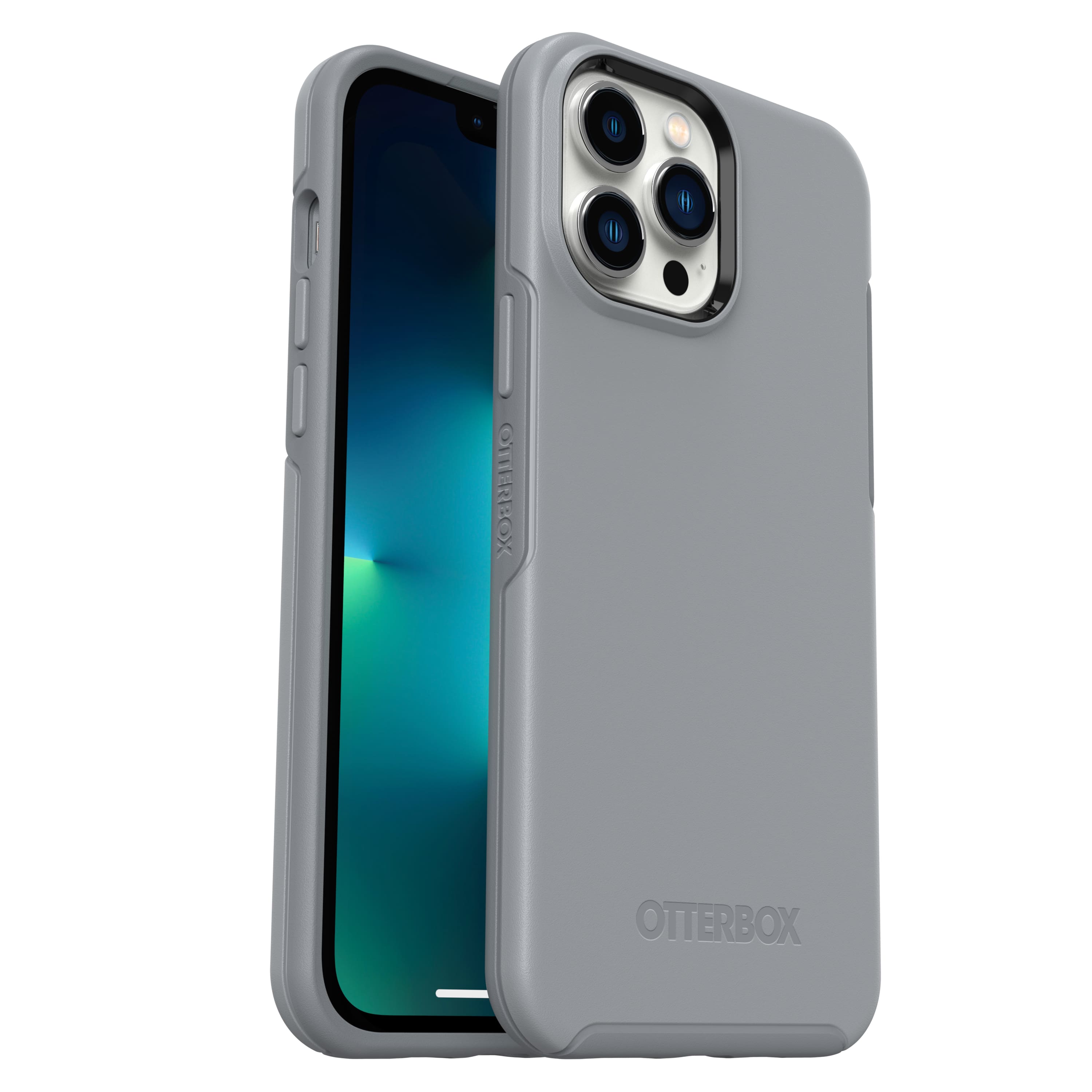 Front. OtterBox - Symmetry Antimicrobial Case for Apple iPhone 13 Pro Max / 12 Pro Max - Resilience Grey.