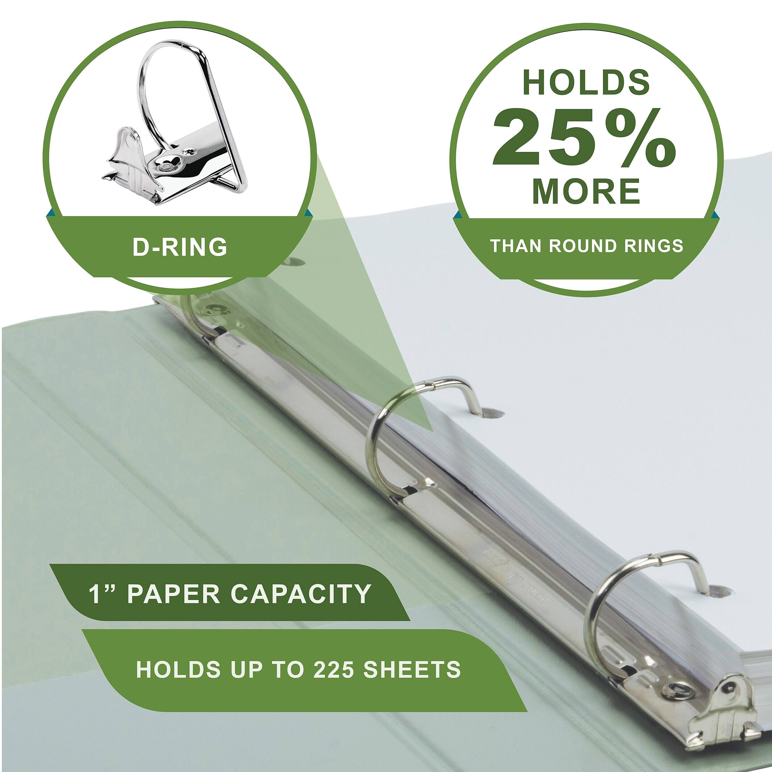 HOLDS 25% MORE THAN ROUND RINGS  
1" PAPER CAPACITY  
HOLDS UP TO 225 SHEETS