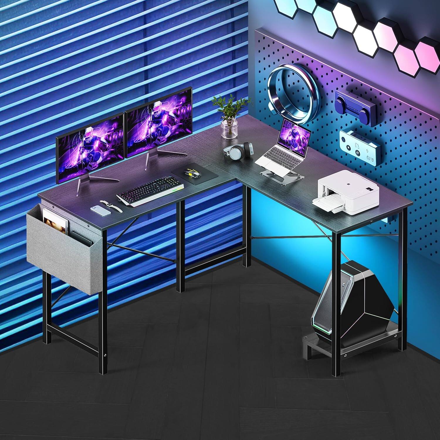 Alt View 4. AOITUN - L Shaped Desk - 50 Inch Gaming Desk PC Table with CPU Stand Side Bag for Home Office Dorm Sturdy Writing Workstation - Black.