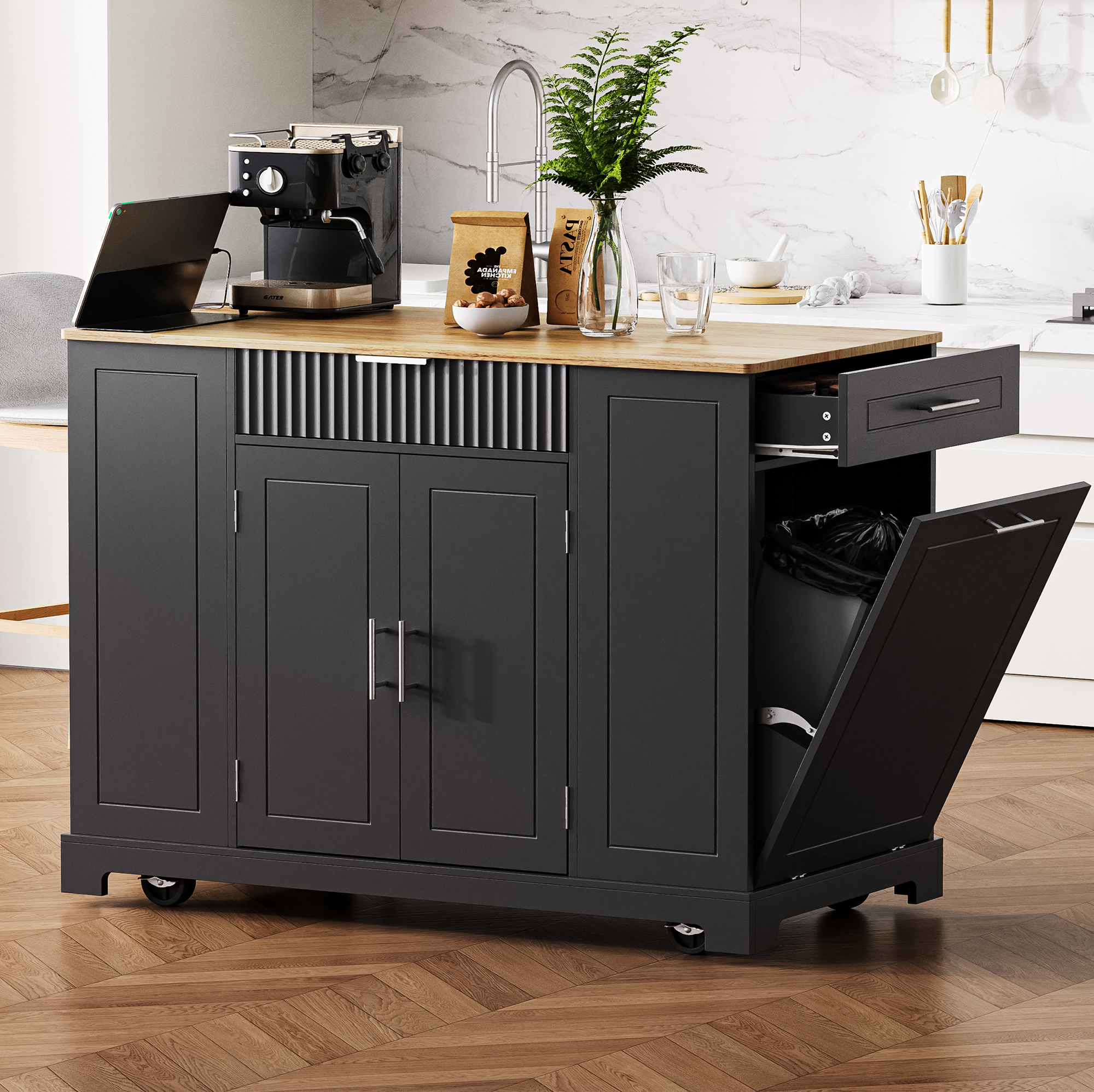 Back. GOODSILO - Kitchen Island with Trash Can Storage, Power Outlet, Rolling Wheels, 3 Drawers & Open Shelves - Black.