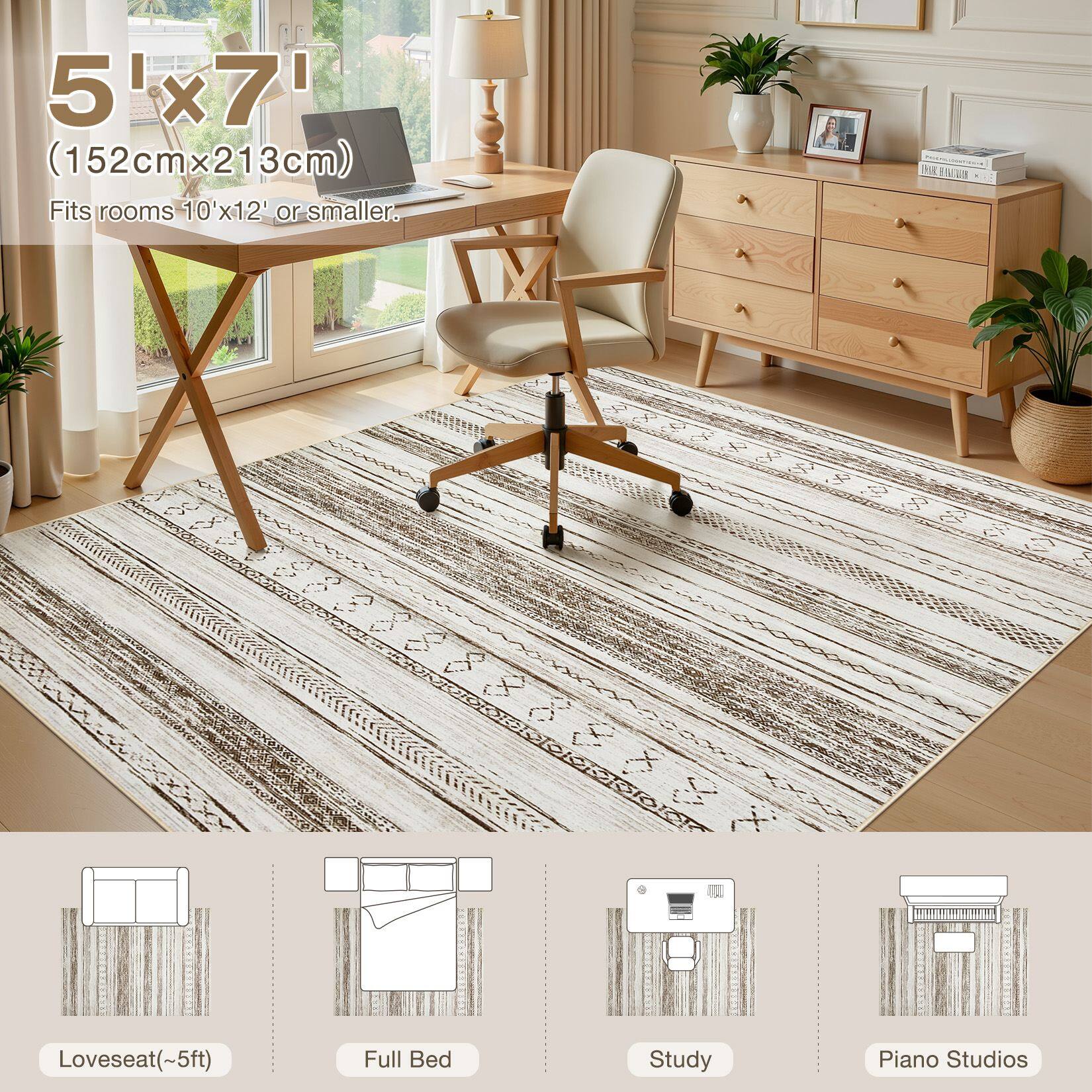 5'x7' (152cmx213cm) Fits rooms 10'x12' or smaller.

FACTUR

Loveseat (~5ft)
Full Bed
Study
Piano Studios