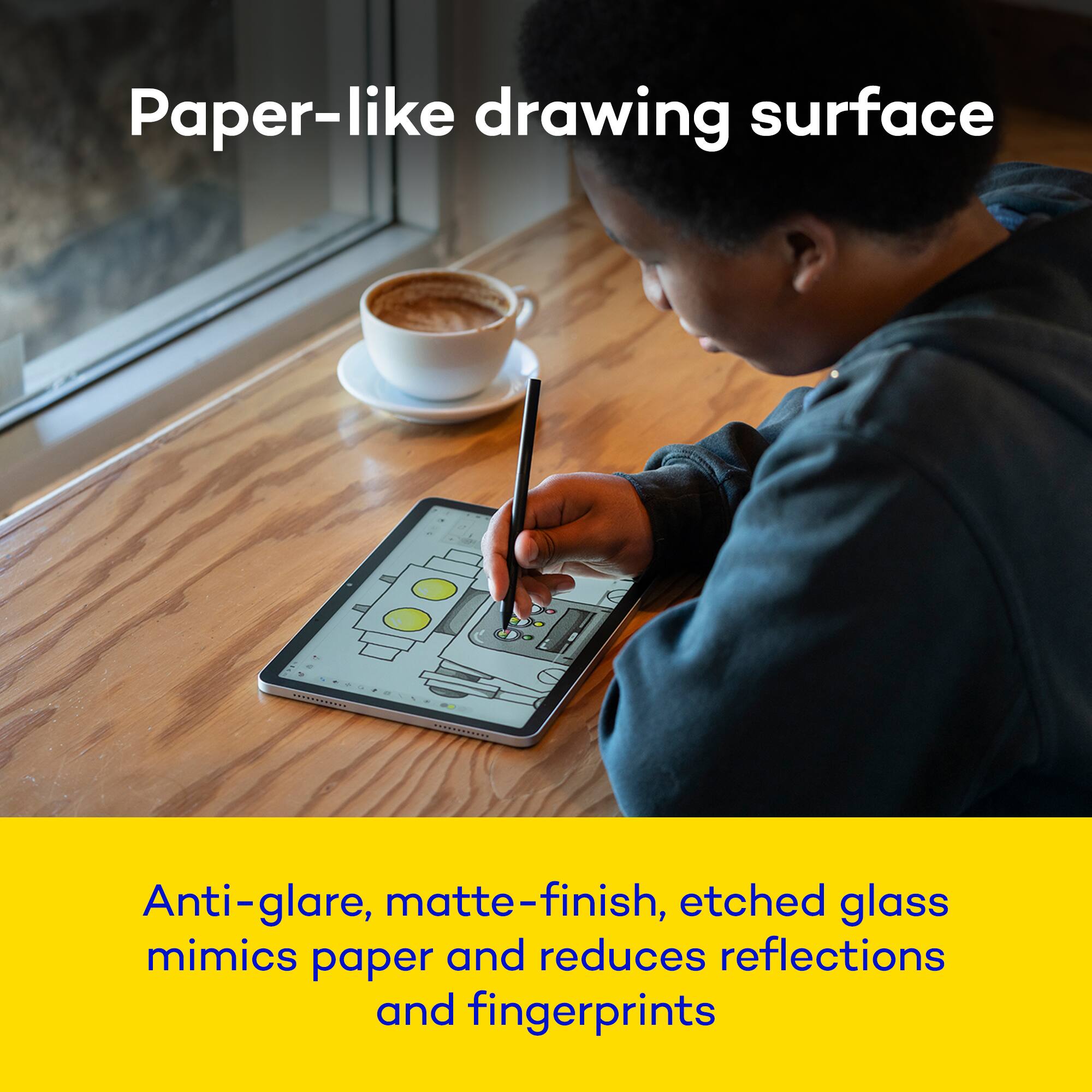 Paper-like drawing surface

Anti-glare, matte-finish, etched glass mimics paper and reduces reflections and fingerprints