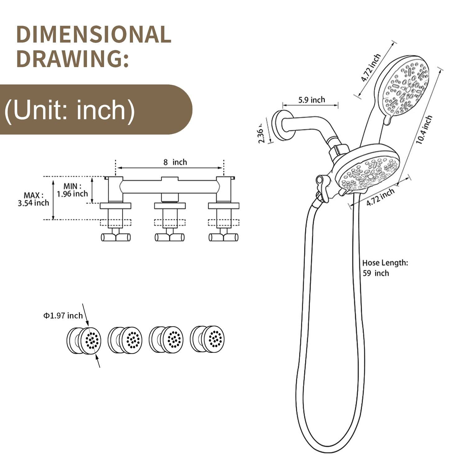 DIMENSIONAL DRAWING:  
(Unit: inch)

- 8 inch
- 5.9 inch
- 10.4 inch
- 4.72 inch
- 4.72 inch
- 1.96 inch
- 3.54 inch
- 1.97 inch

Hose Length: 59 inch