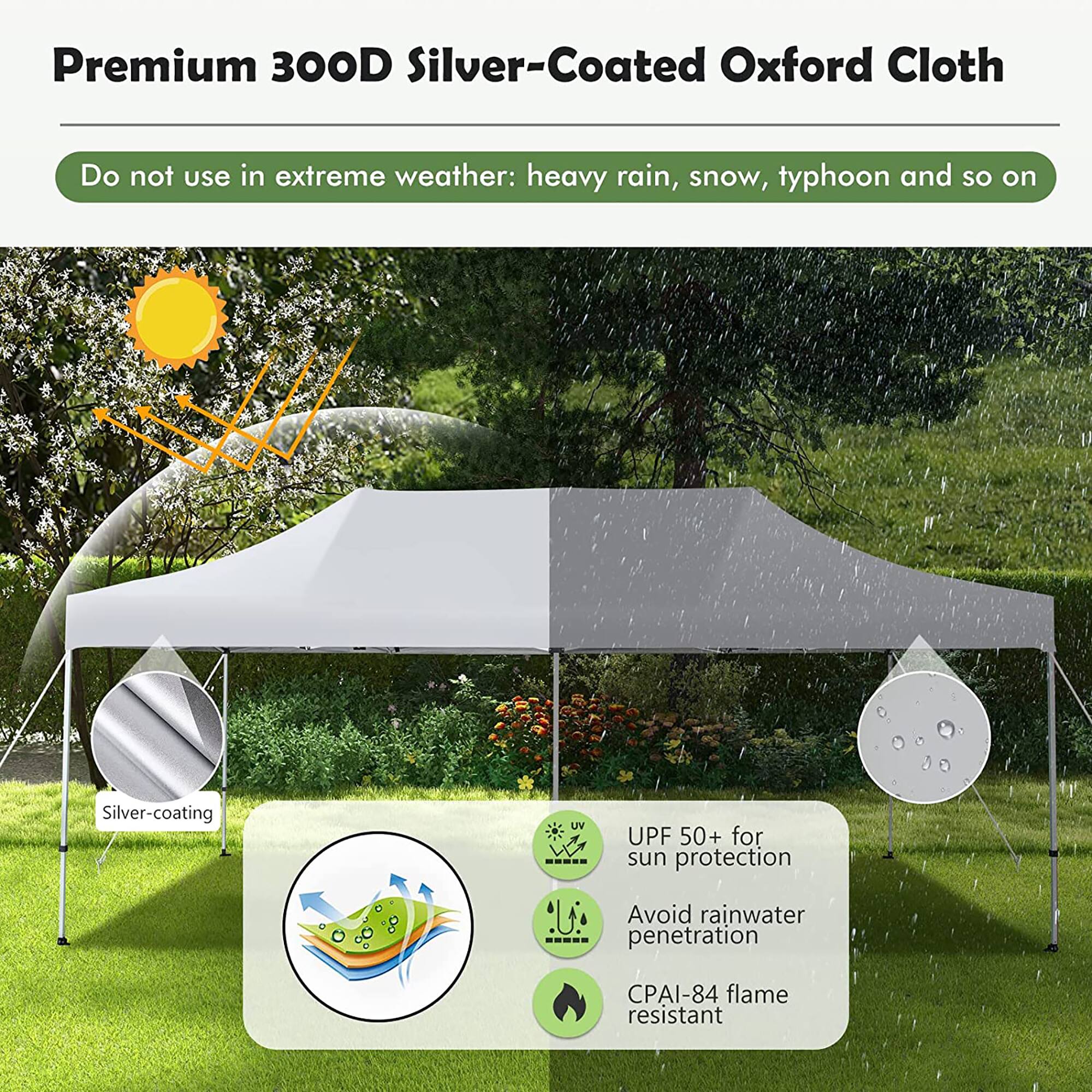 Premium 300D Silver-Coated Oxford Cloth

Do not use in extreme weather: heavy rain, snow, typhoon, and so on.

- Silver-coating UV UPF 50+ for sun protection
- Avoid rainwater penetration
- CPAI-84 flame resistant