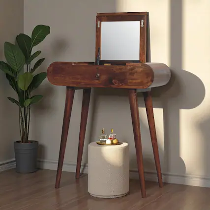 Front. Artisan Furniture - Artisan Furniture Solid Wood Mini Round Chestnut Fold Vanity, 4 Storage Comparts, Brown - Brown.