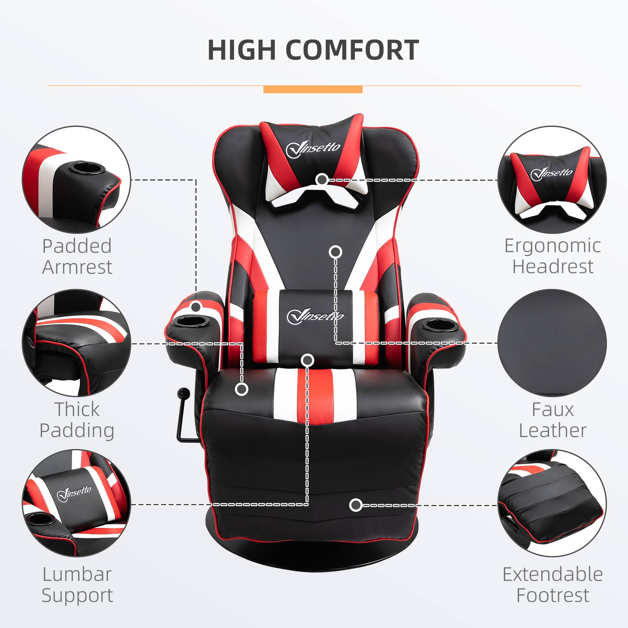 HIGH COMFORT

insetto
Padded Armrest
Ergonomic Headrest
Thick Padding
Faux Leather
Lumbar Support
Extendable Footrest