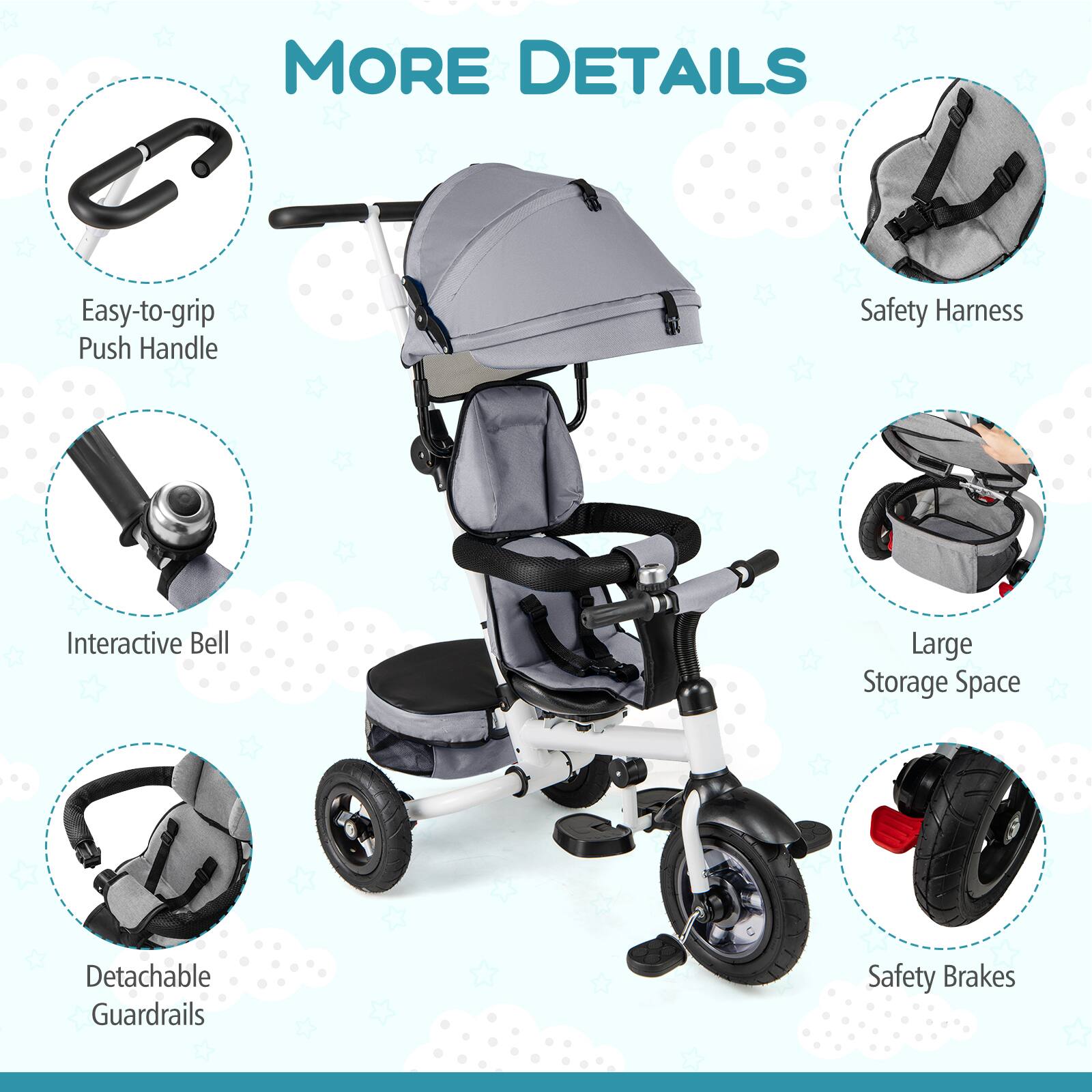 - Easy-to-grip Push Handle
- Interactive Bell
- Detachable Guardrails
- Safety Harness
- Large Storage Space
- Safety Brakes