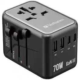 Verbatim - UTA-09 Gan III Universal Travel Adapter 70W - USB-C, USB-A - 70 W - 120 V AC, 230 V AC Input - Black/Gray
