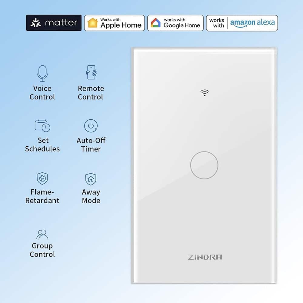 Schertz - Smart Light Switch, Tempered Glass Panel, 2.4GHz Wi-Fi, Neutral Wire Required, Single Pole, Works with Alexa, Google & A - White and Black