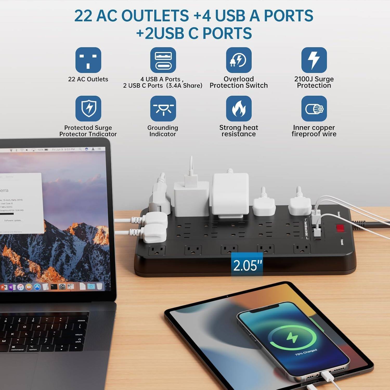 22 AC OUTLETS + 4 USB A PORTS + 2 USB C PORTS

22 AC Outlets
4 USB A Ports
2 USB C Ports (3.4A Share)

Overload Protection Switch
2100J Surge Protection

Protected Surge Protector Indicator
Grounding Indicator

Strong heat resistance
Inner copper fireproof wire

2.05"