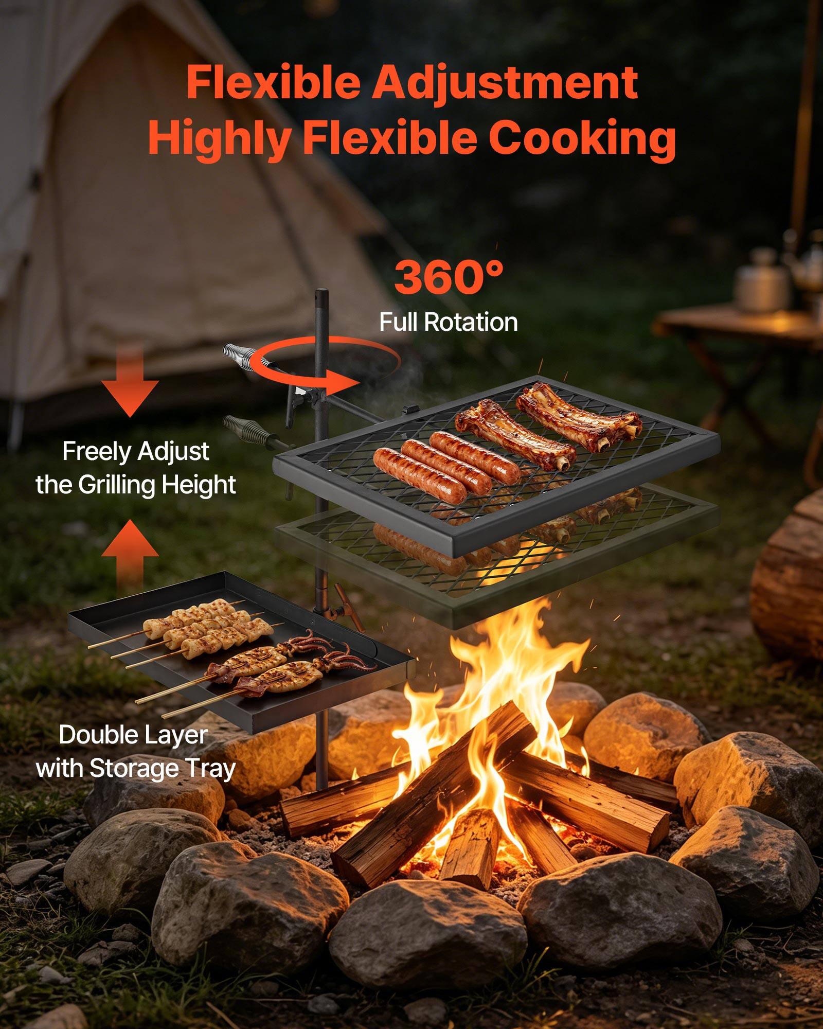 Flexible Adjustment  
Highly Flexible Cooking  
360° Full Rotation  
Freely Adjust the Grilling Height  
Double Layer with Storage Tray