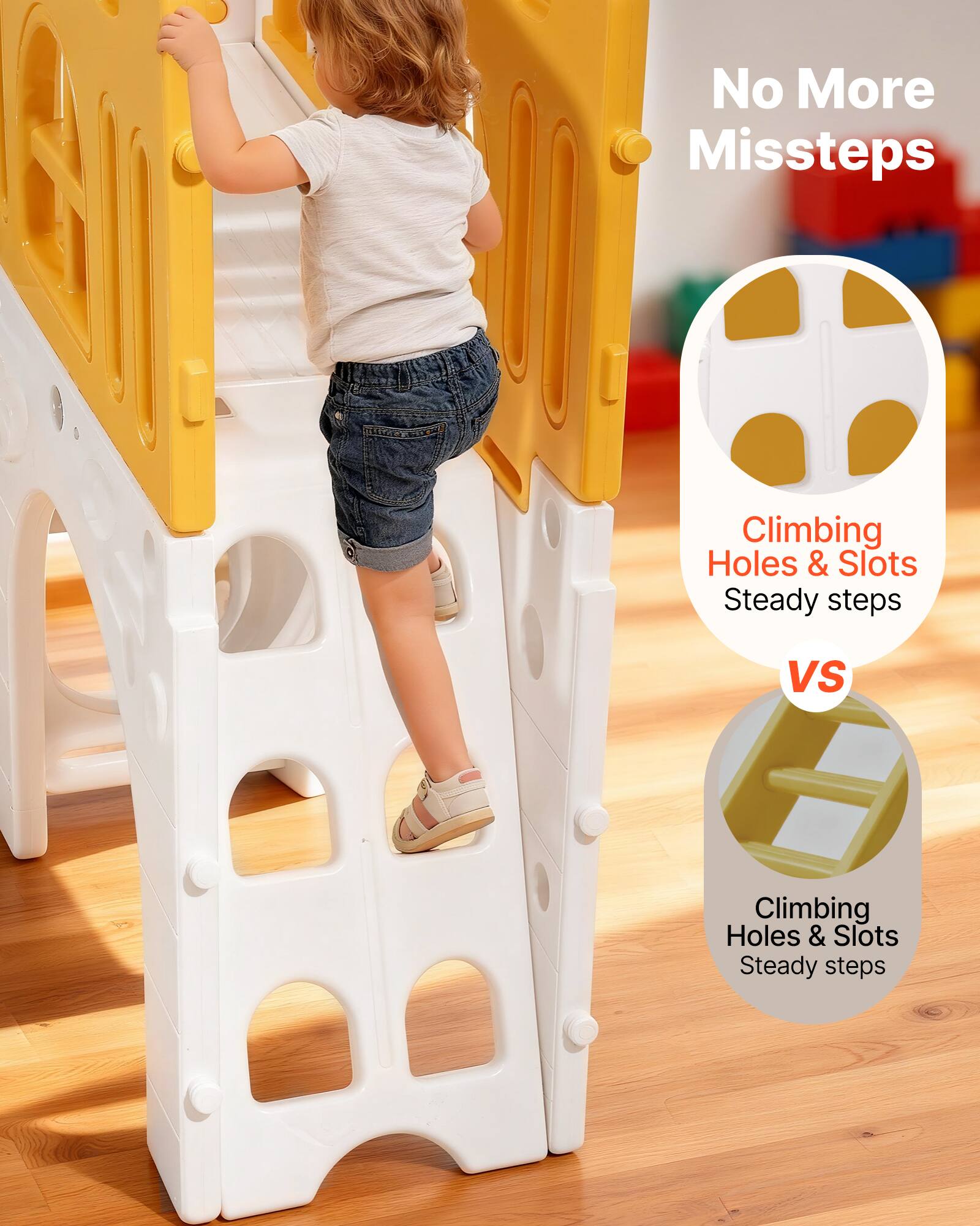 No More Missteps  
Climbing Holes & Slots  
Steady steps  

VS  

Climbing Holes & Slots  
Steady steps