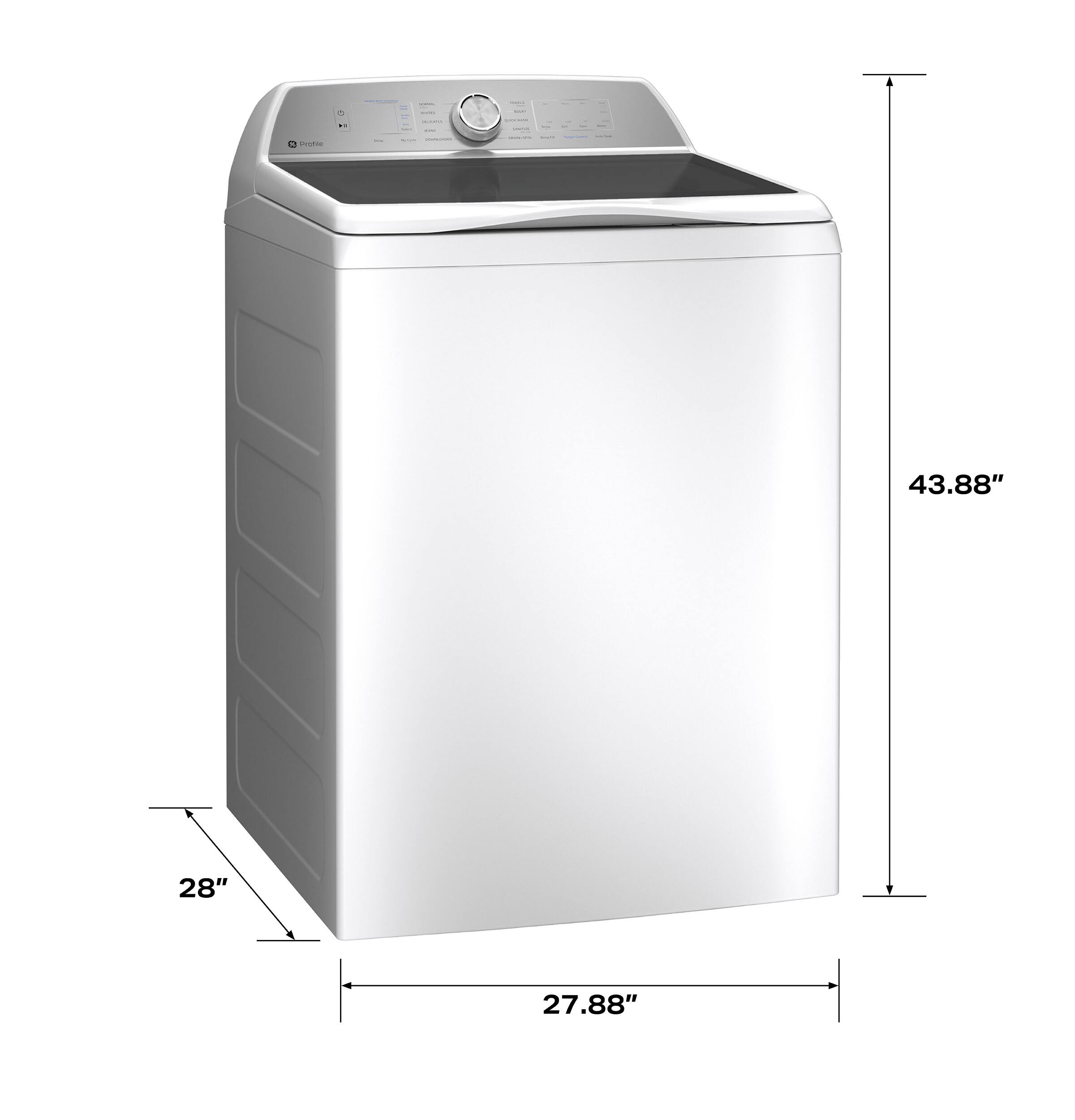 The dimensions of the washing machine are 43.88" in height, 28" in width, and 27.88" in depth.