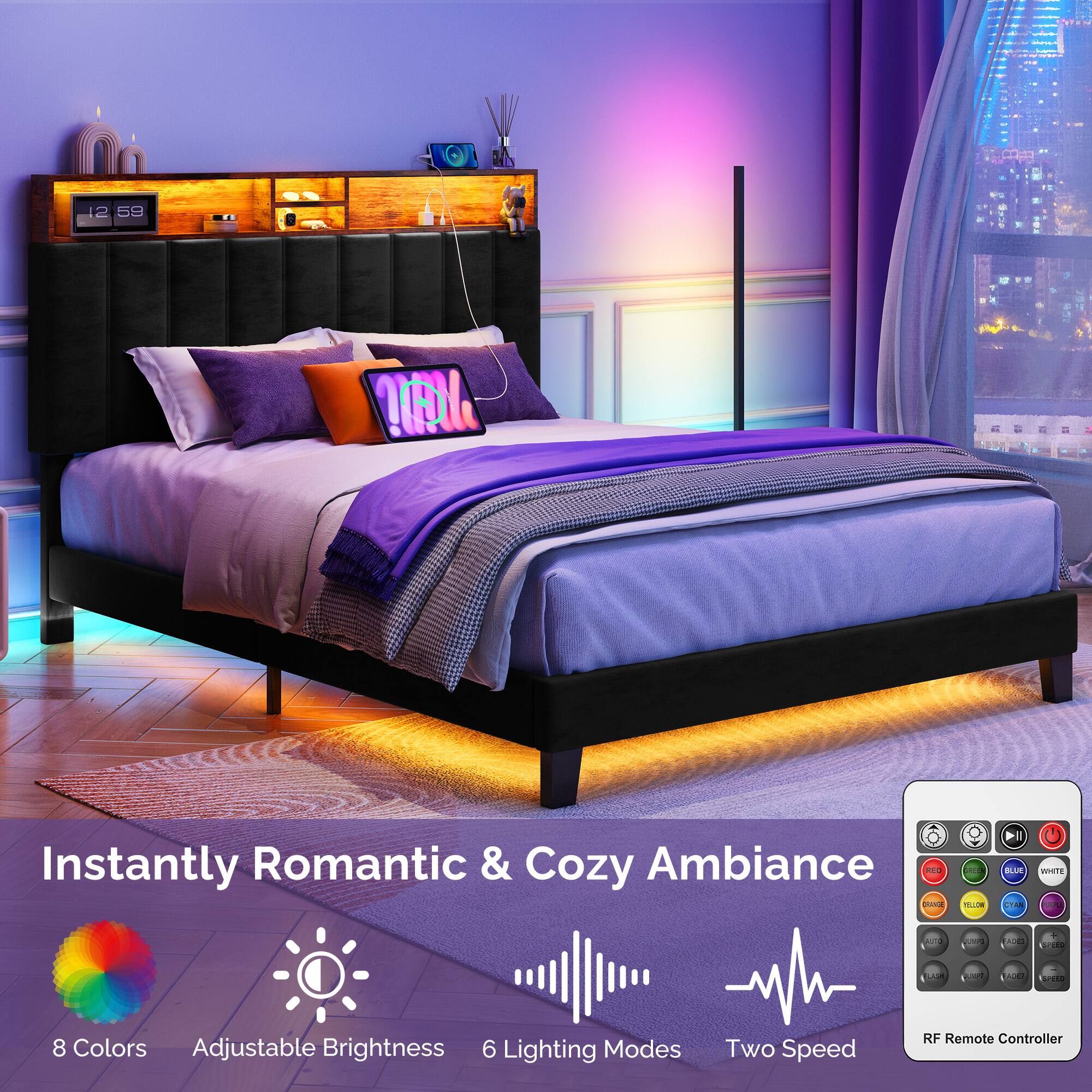 Instantly Romantic & Cozy Ambiance

8 Colors  
Adjustable Brightness  
6 Lighting Modes  
Two Speed  
RF Remote Controller
