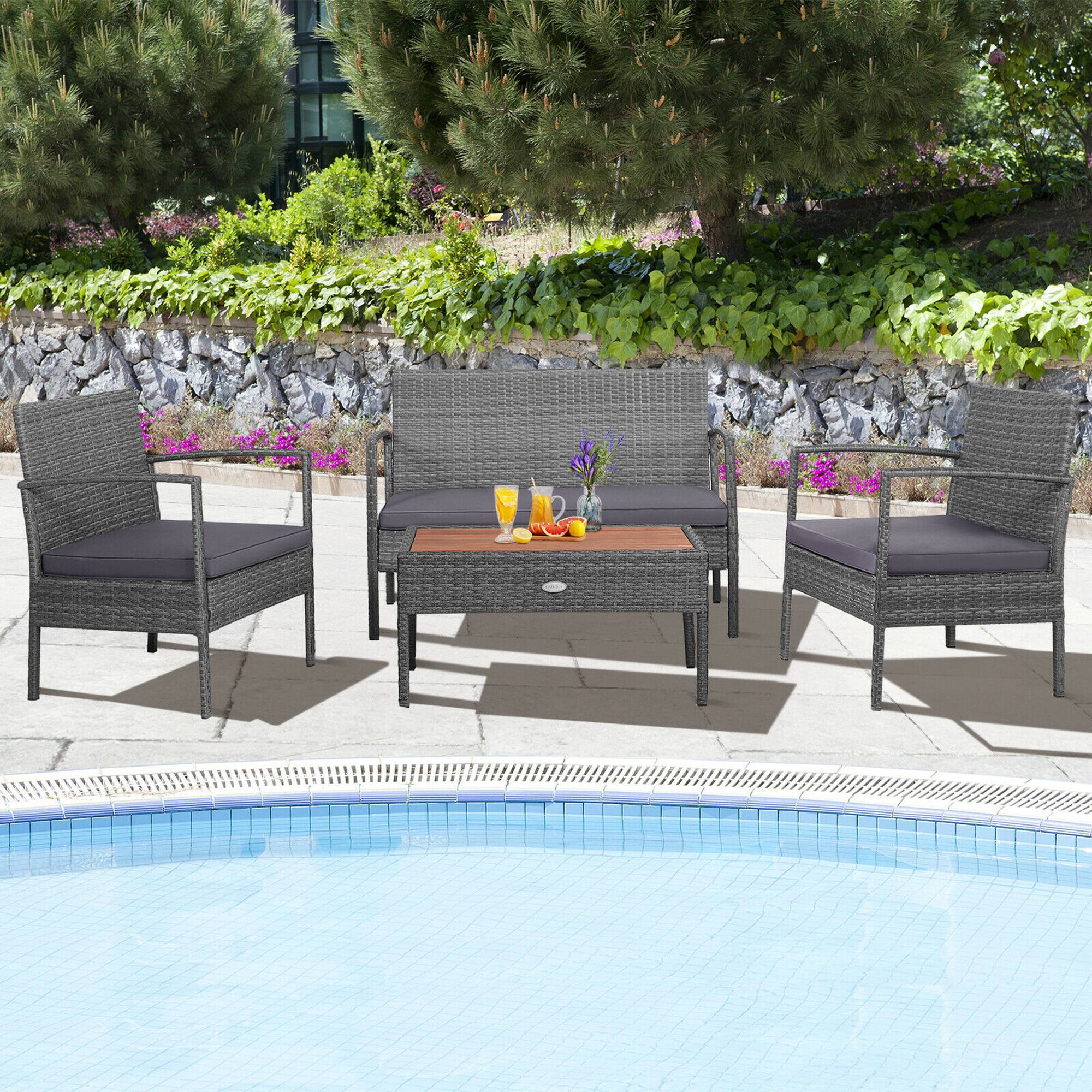 Alt View 2. Gymax - Gymax 8PCS Rattan Patio Conversation Furniture Set w/ Acacia Wood Tabletop & Cushions - Gray.