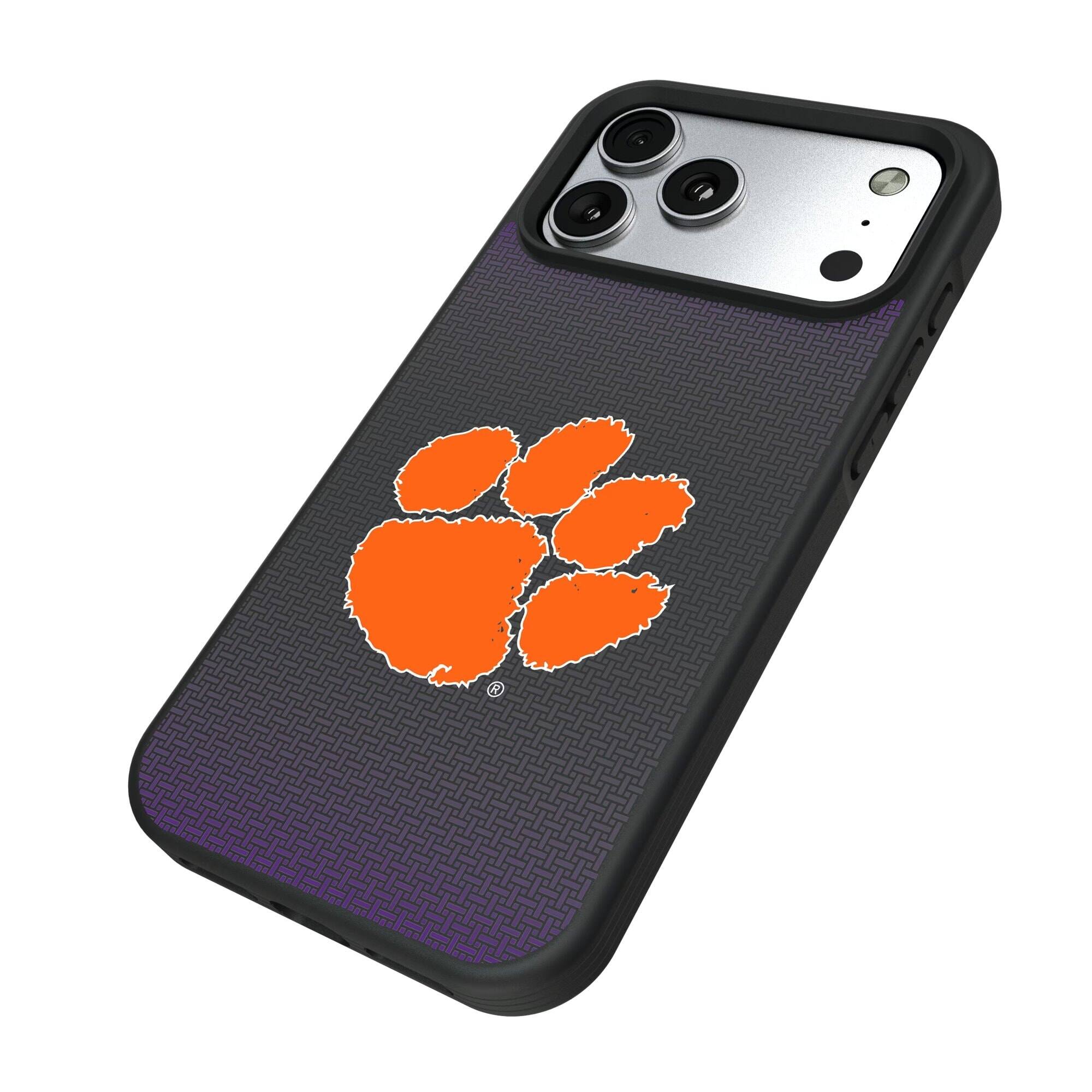 Alt View 1. Keyscaper - Clemson Tigers Linen Logo iPhone Bump Case - 13 mini - Black.