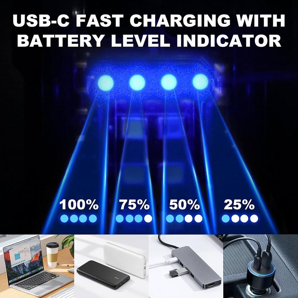 USB-C FAST CHARGING WITH BATTERY LEVEL INDICATOR

100% 75% 50% 25%