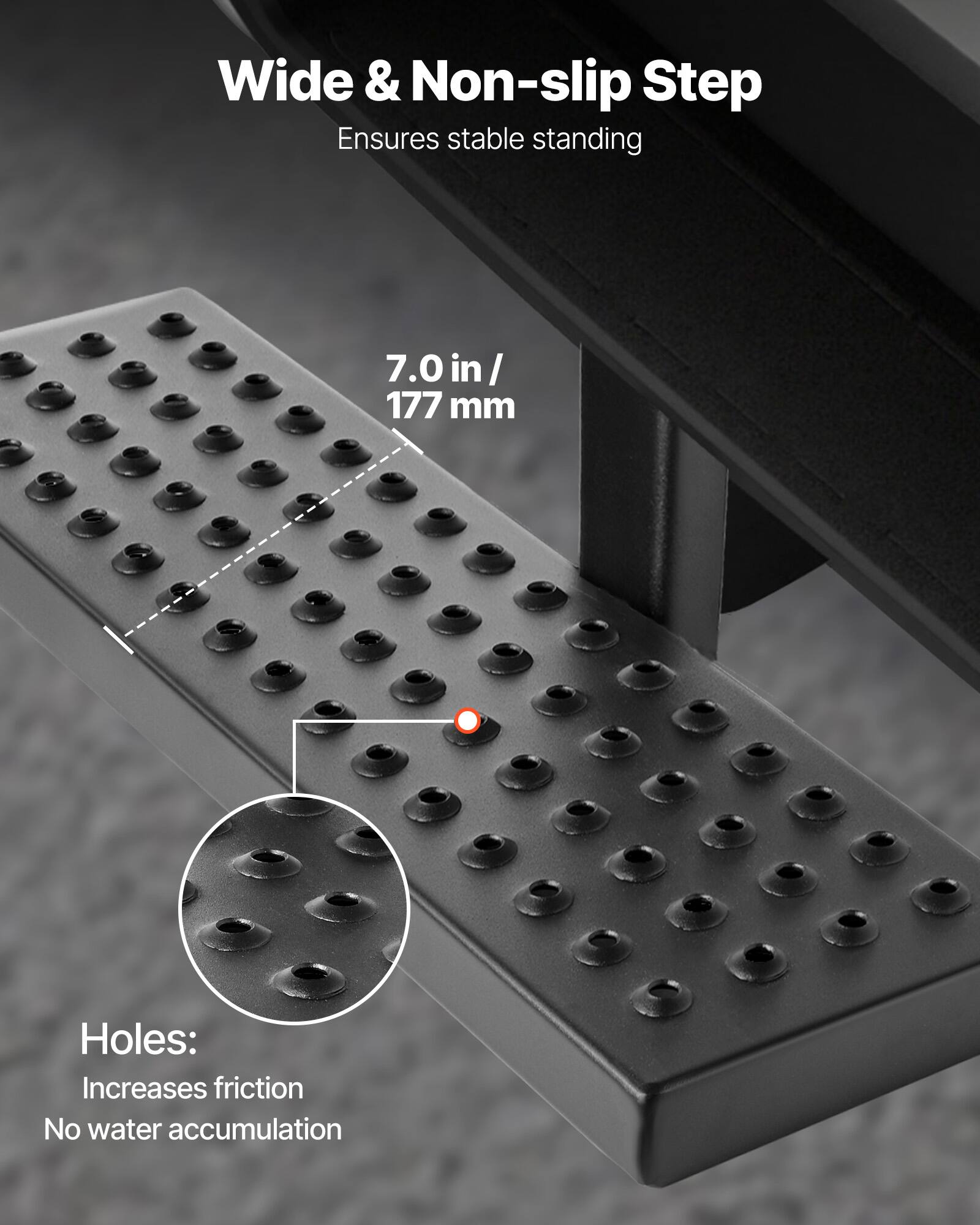 Wide & Non-slip Step Ensures stable standing  
7.0 in / 177 mm  
Holes: Increases friction No water accumulation