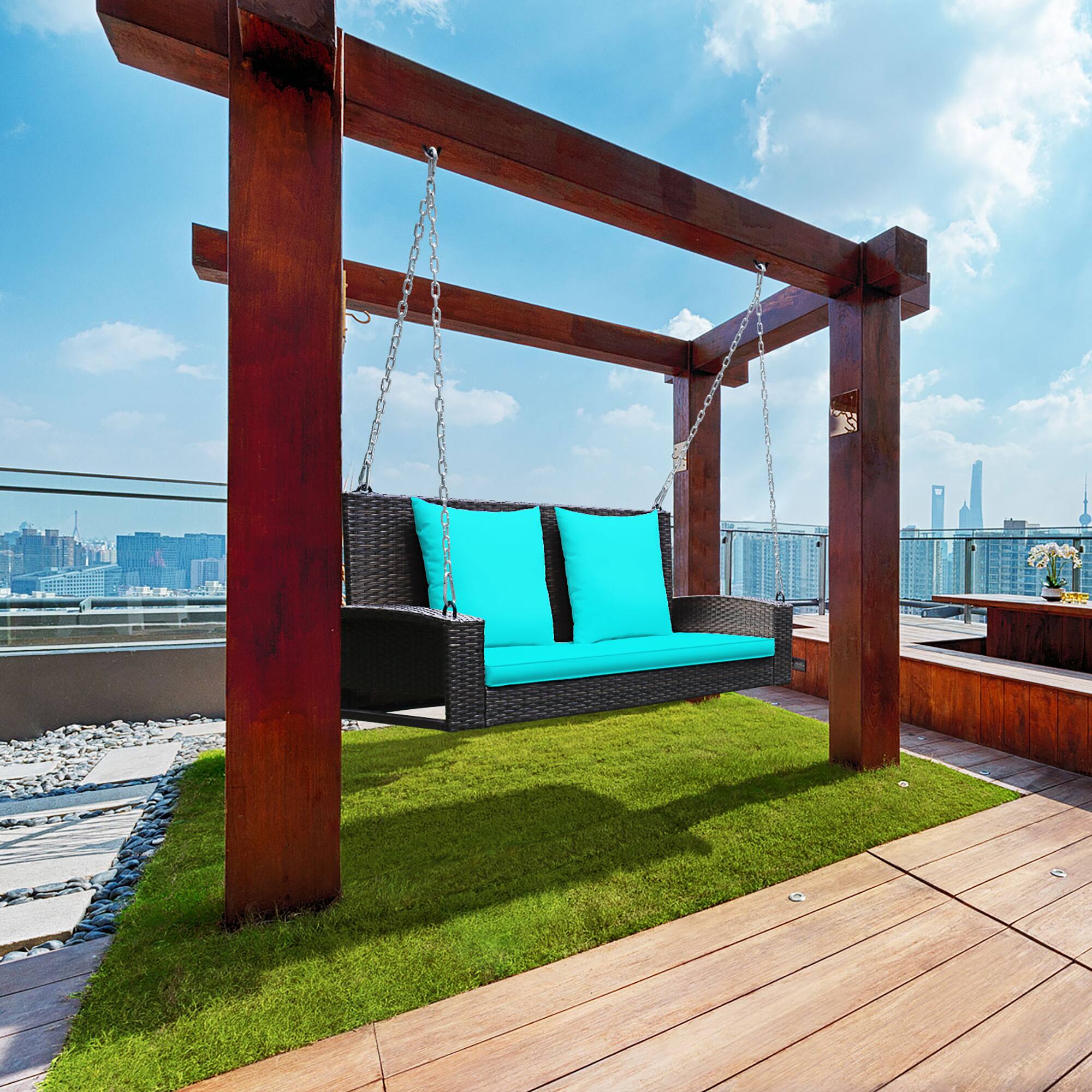 Alt View 2. Costway - Costway 2-Person Patio Rattan Hanging Porch Swing Bench Chair Cushion - Turquoise.