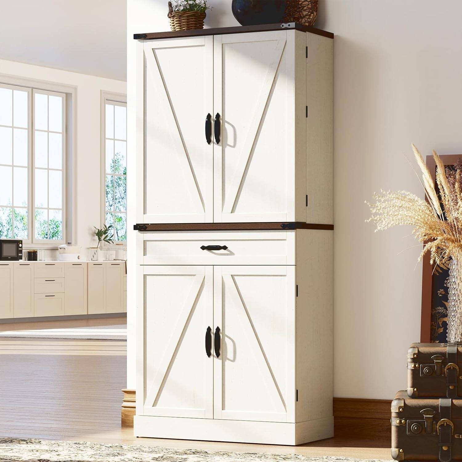 Angle. Espafurni - 71" Farmhouse Pantry Cabinet with 3 Drawers, 6 Barn Door Shelves & Adjustable Storage - White.