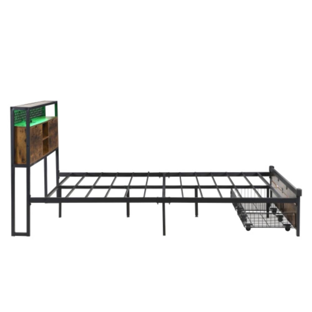 Alt View 2. LUCKY ONE - King Size Platform Bed Frame with Wooden Headboard and Footboard, USB Outlets, LED Lights, 2 Drawers - Black+Brown.