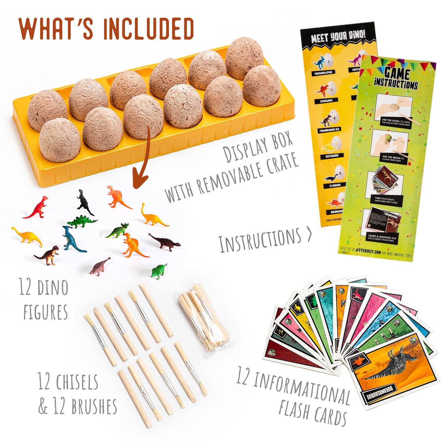 WHAT'S INCLUDED

- MEET YOUR DINO!
- GAME INSTRUCTIONS
- 12 DINO FIGURES
- DISPLAY BOX WITH REMOVABLE CRATE
- 12 CHISELS & 12 BRUSHES
- 12 INFORMATIONAL FLASH CARDS