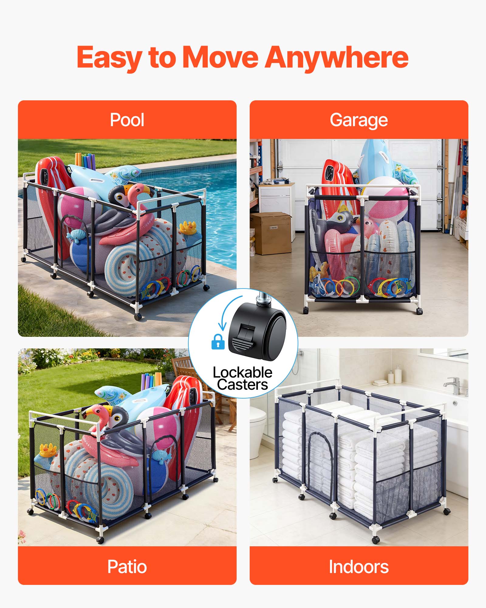 Easy to Move Anywhere

Pool  
Garage  
Patio  
Indoors  

Lockable Casters