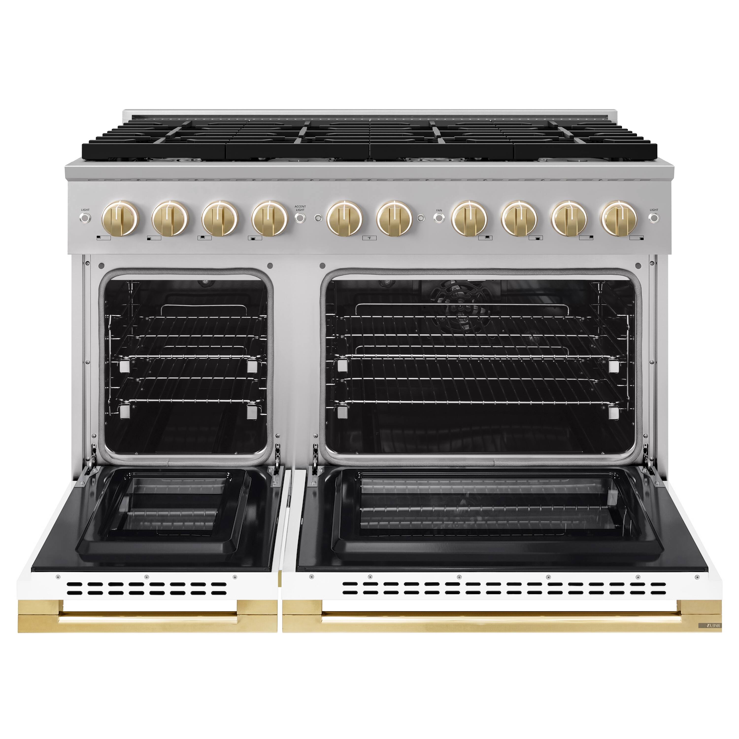 Angle. ZLINE - Autograph 48 in. 6.7 cu. ft. Marino Dual Fuel Freestanding Range with 8 Gas Burner Cooktop with White & Gold Accents - White Matte.