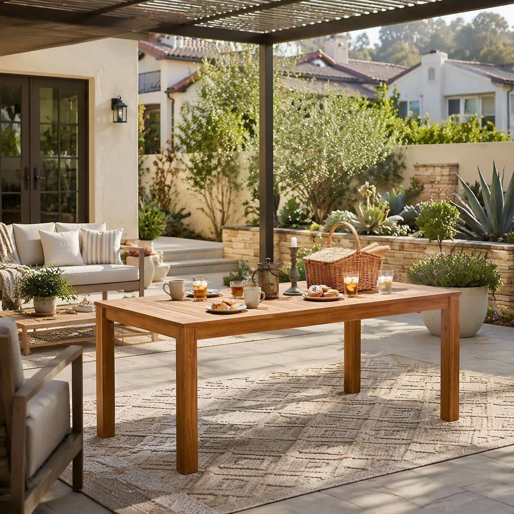 Left. RYHNUYNE - 67" Outdoor Wooden Rectangular Patio Dining Table, Natural Wood Dining Table for Backyard Poolside Garden - Natural.